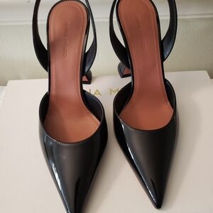 Amina Muaddi Black Patent Pointed-Toe Slingback Pumps